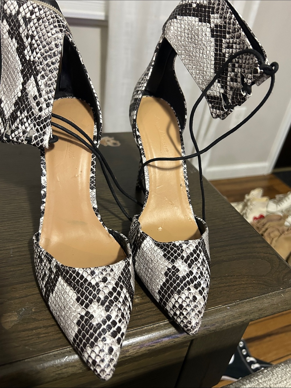 Snake-Print Pointed Toe Lace-Up Heels - Black & White